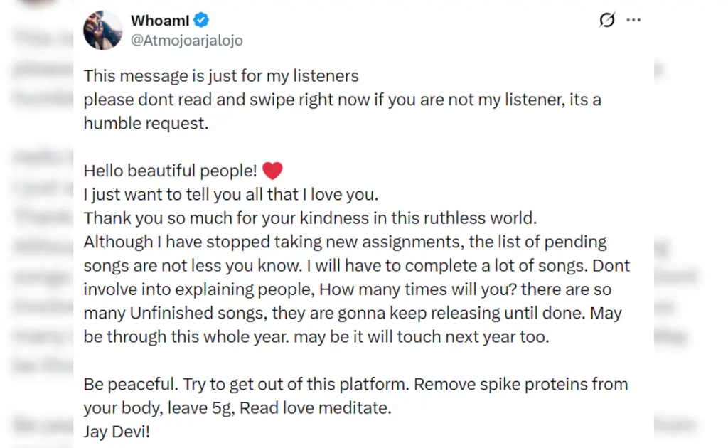 Arijit Singh retirement message shared with fans on social media