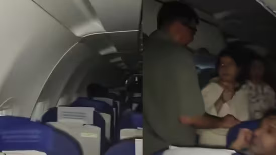 Passengers seated inside an IndiGo flight during a power outage on the Vadodara Delhi route