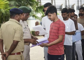 Students arriving for the NEET (UG) 2026 examination at an exam centre