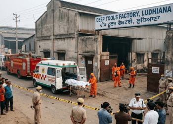 Emergency response team outside a Ludhiana factory after a suspected gas leak left three workers dead and two hospitalised.