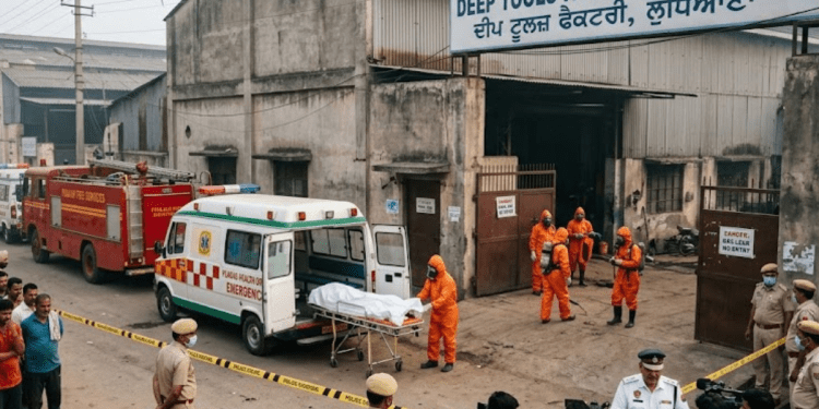 Emergency response team outside a Ludhiana factory after a suspected gas leak left three workers dead and two hospitalised.